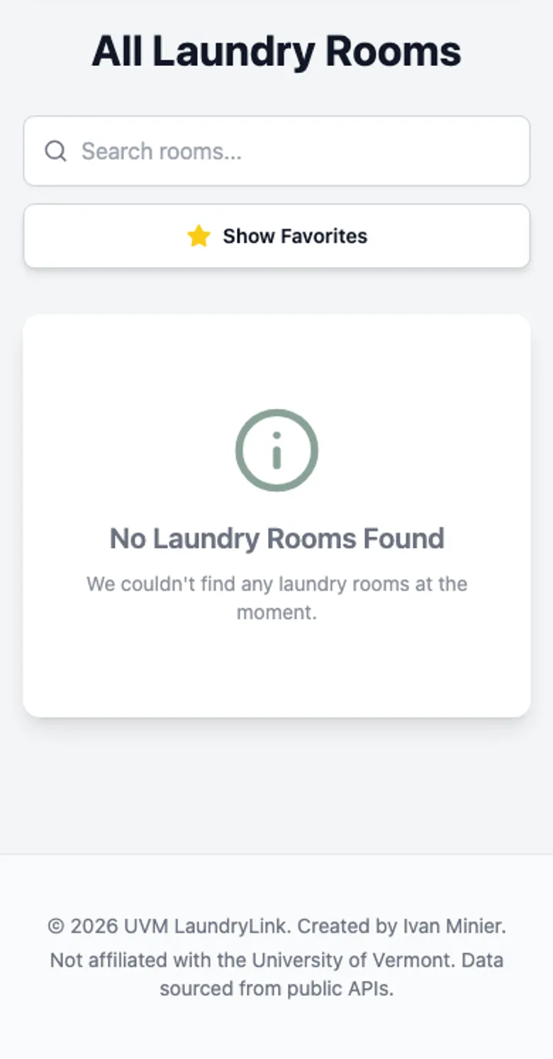 UVM LaundryLink on a phone: room search, favorites, and the live campus interface.