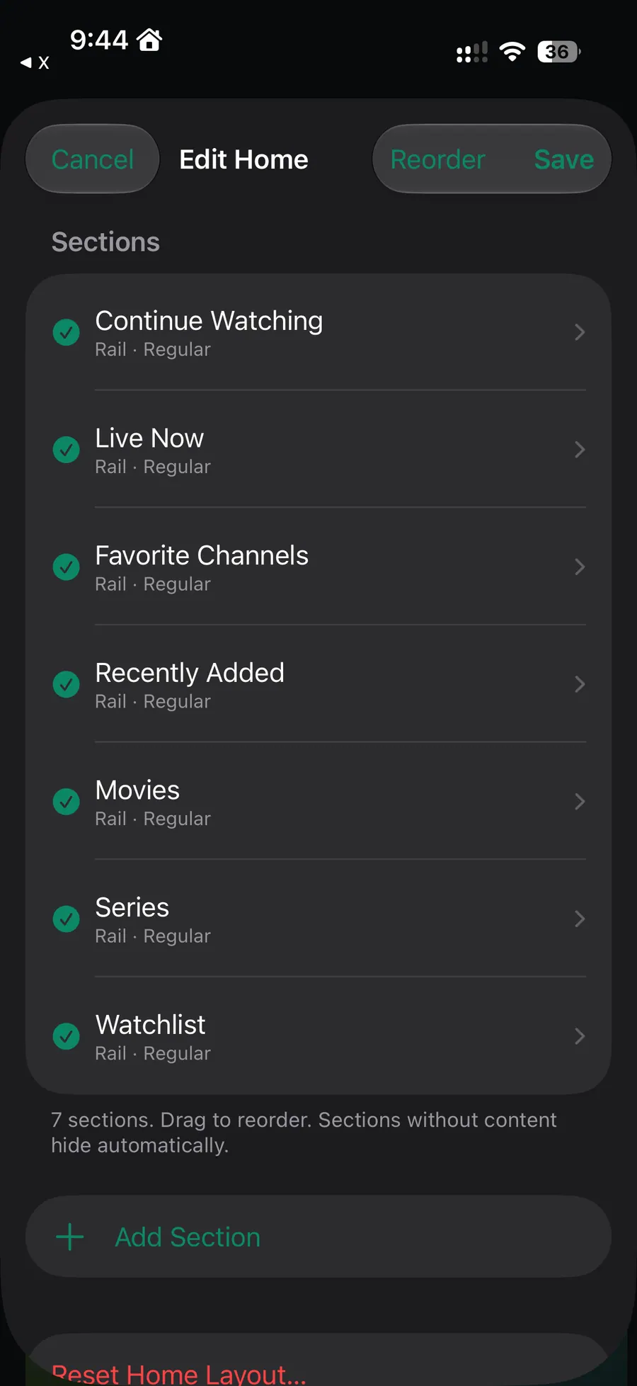 Lineup Edit Home screen with Live Now, Movies, Series, and Watchlist sections.