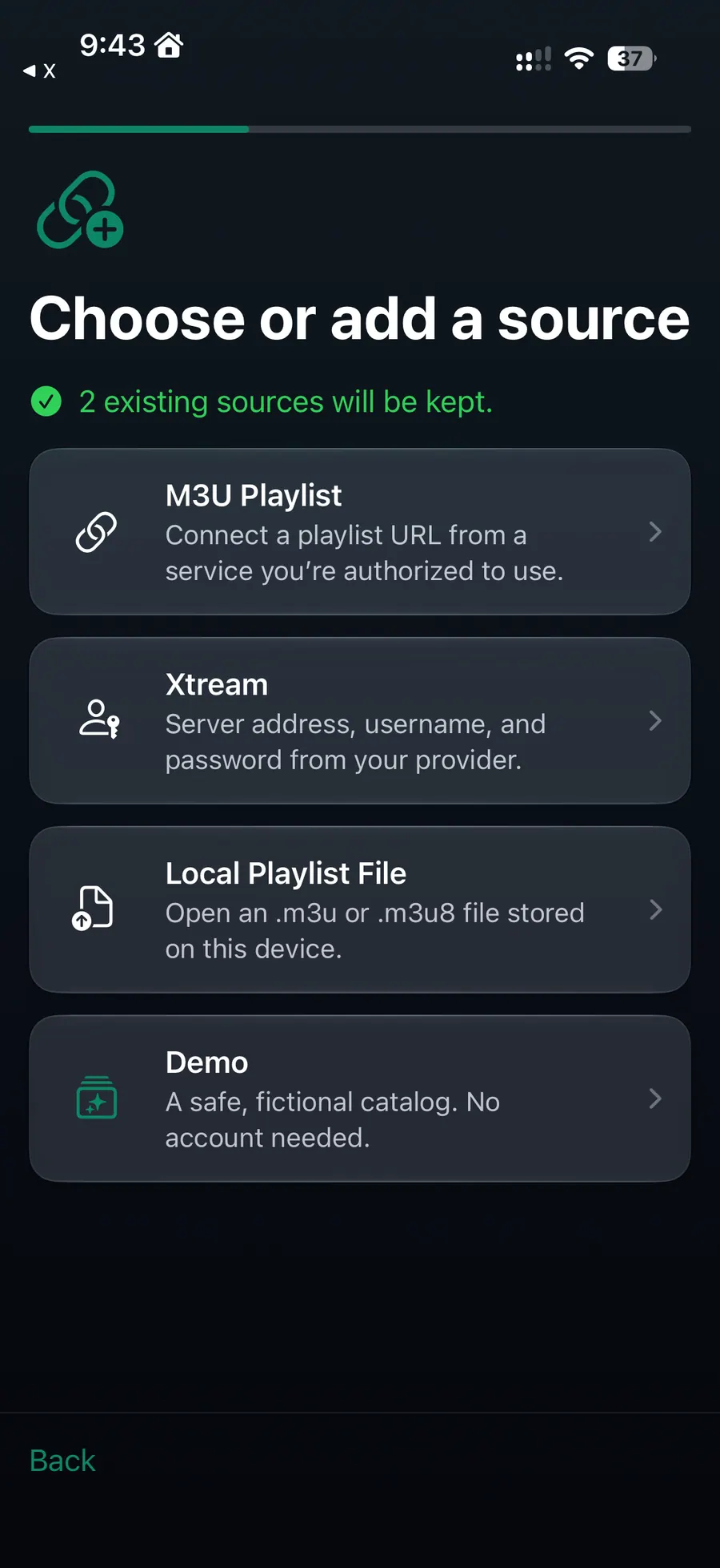 Lineup source setup with M3U, Xtream, local playlist file, and a fictional demo catalog.