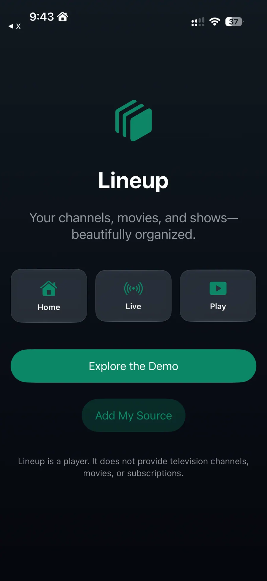 Lineup welcome screen: Your channels, movies, and shows—beautifully organized.