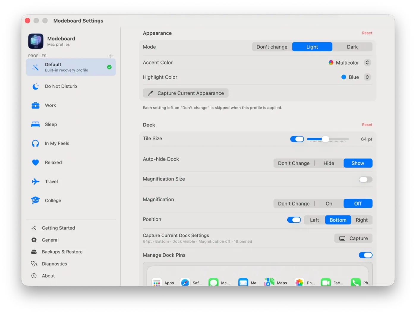 Modeboard appearance and Dock settings for a workspace profile.