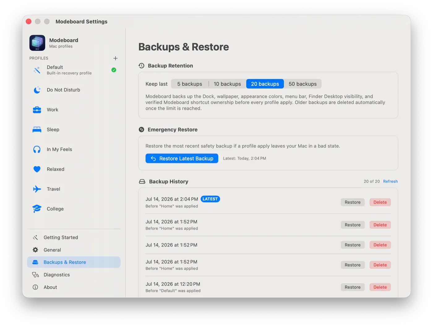 Modeboard backups and restore history.