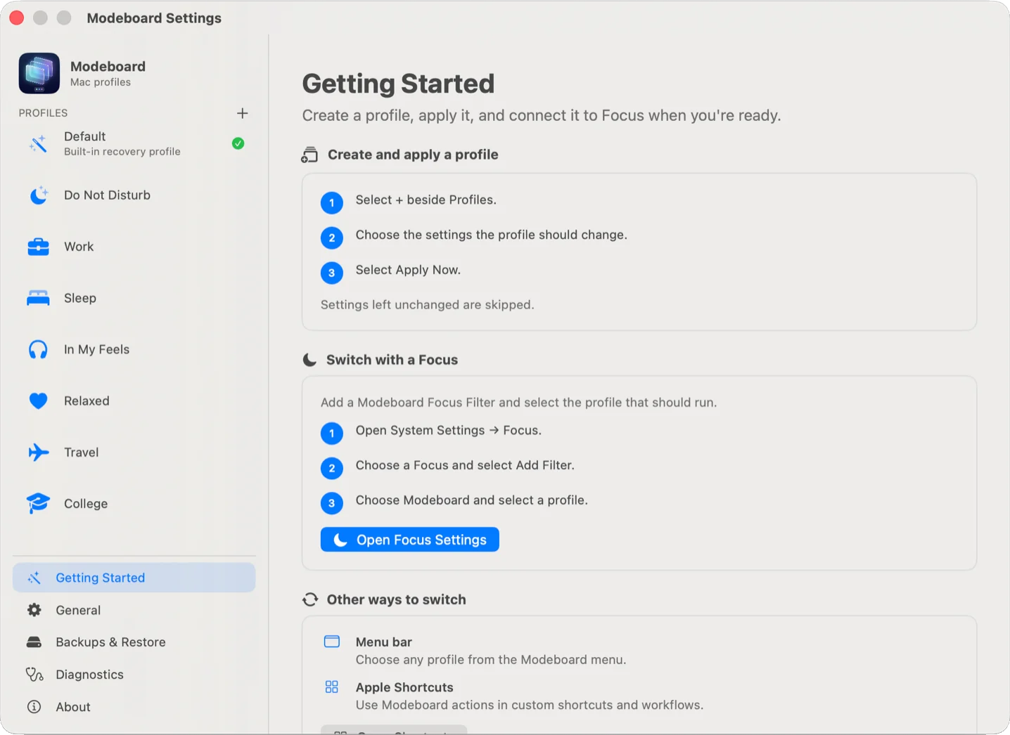 Modeboard Getting Started page explaining how to create, apply, and switch profiles.