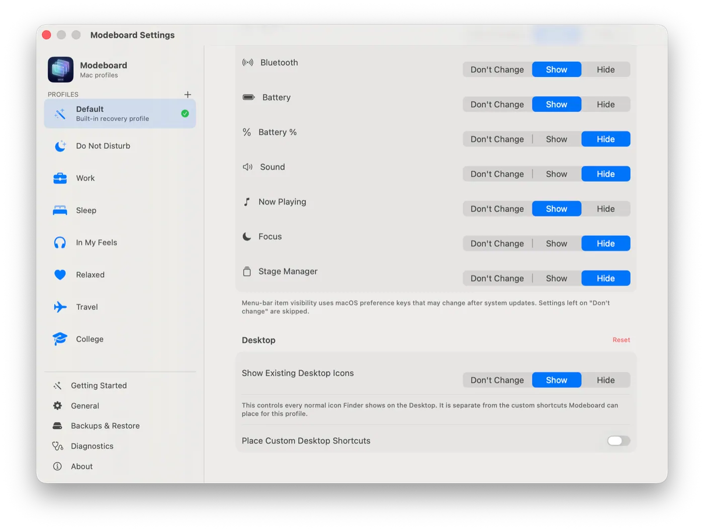 Modeboard menu bar and Desktop settings.