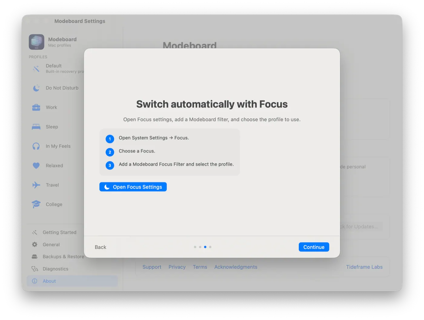 Modeboard onboarding explaining Focus Filter integration.