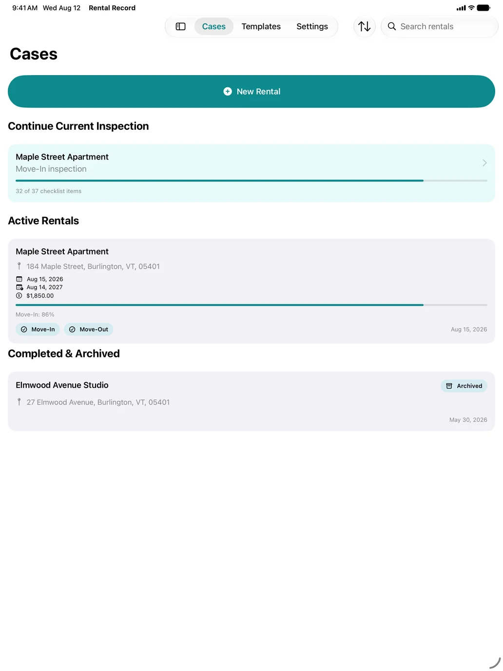 Rental Record Cases overview on iPad using fictional rental data.
