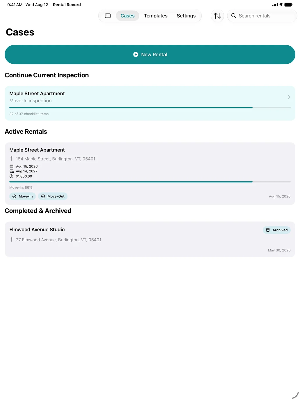 Rental Record Cases overview on iPad using fictional rental data.