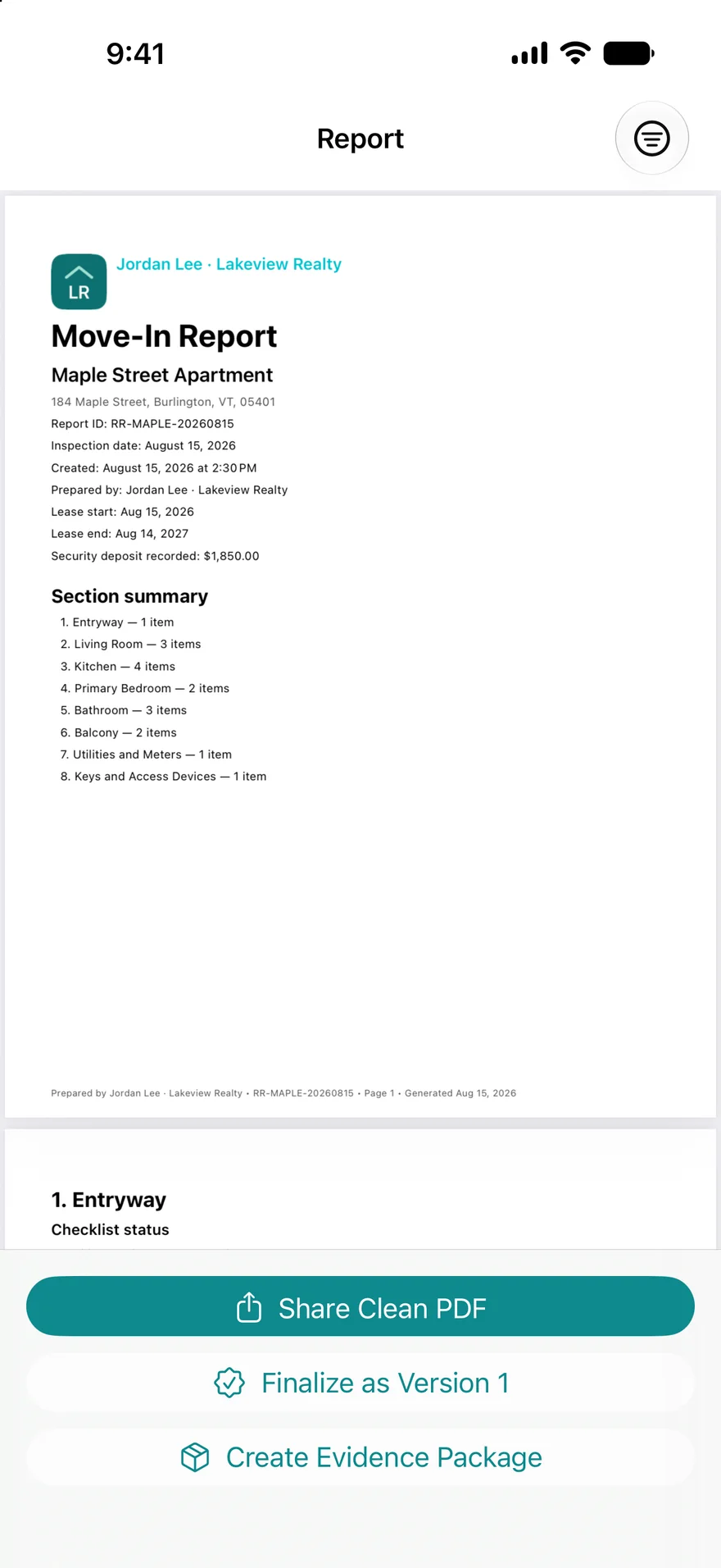 Rental Record PDF report preview on iPhone using fictional rental data.