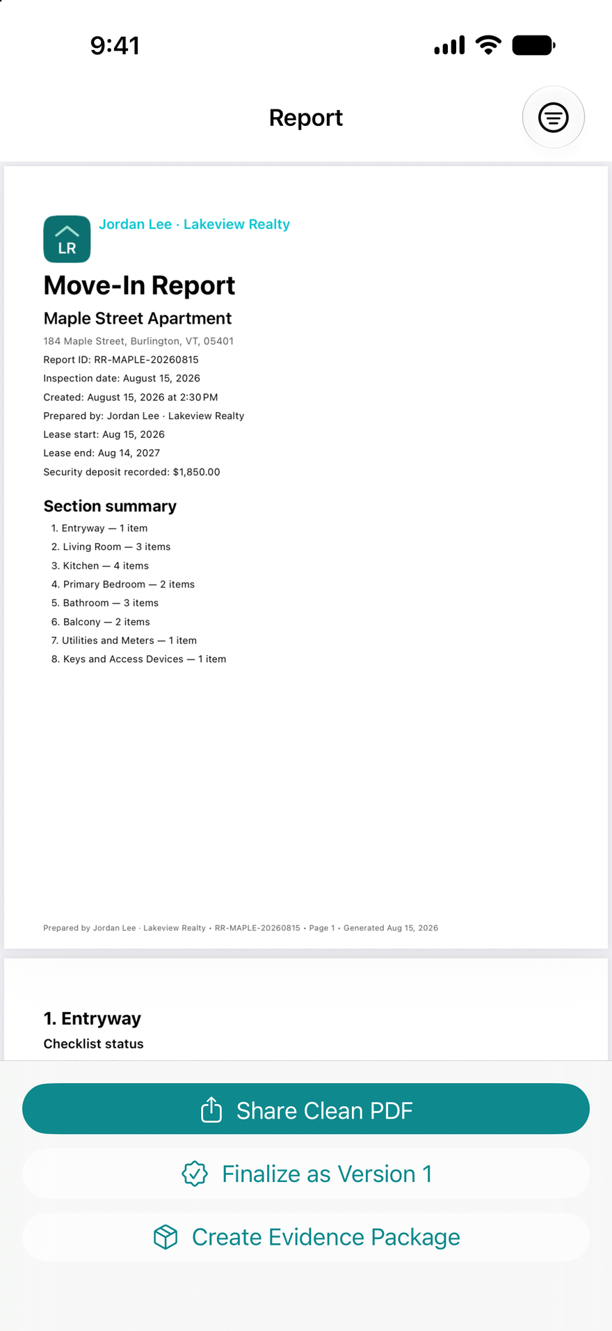 Rental Record PDF report preview on iPhone using fictional rental data.