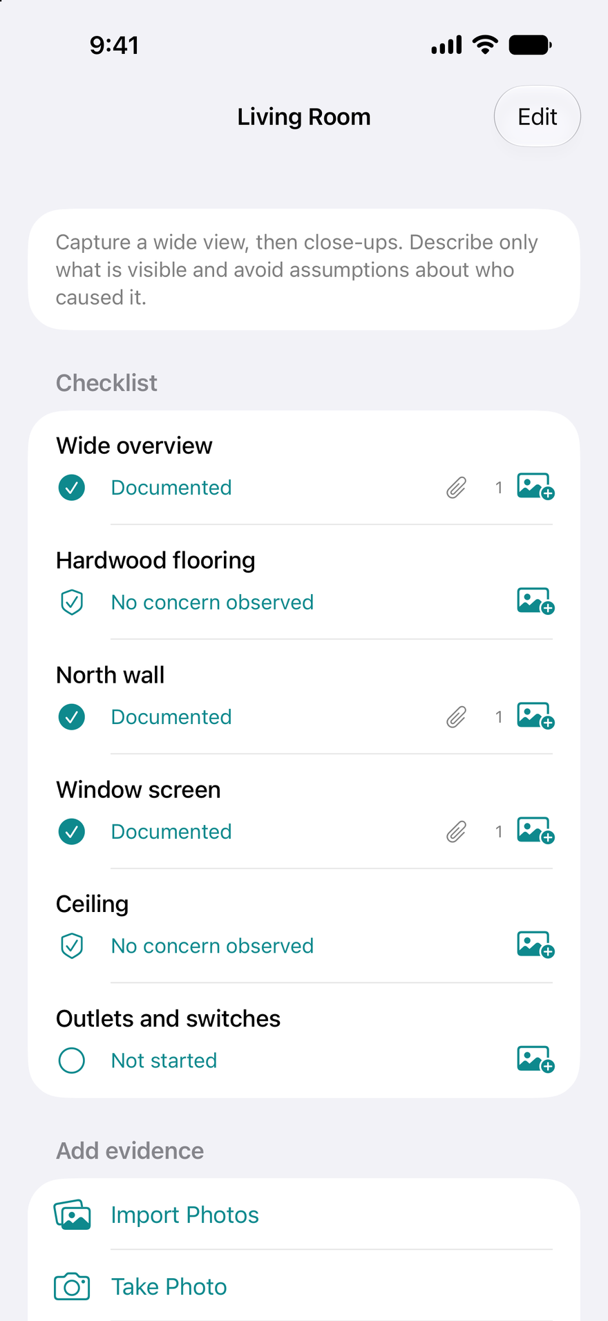 Rental Record living-room checklist on iPhone using fictional rental data.