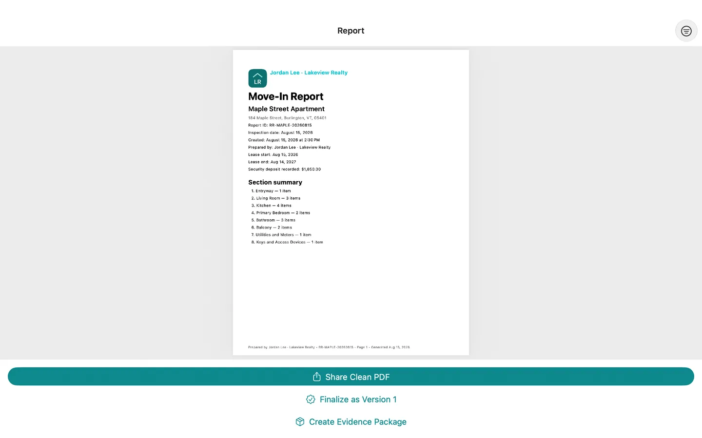 Rental Record report preview on Mac using fictional rental data.